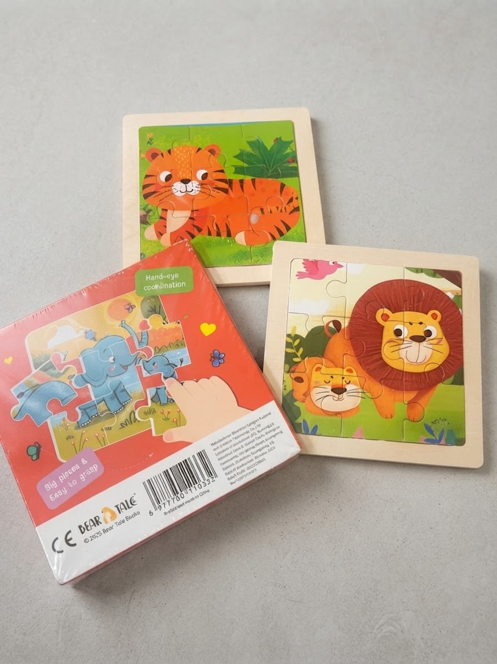 Bear Tale Wooden Animal Jigsaw Puzzle Set (Tiger, Lion, Elephant)